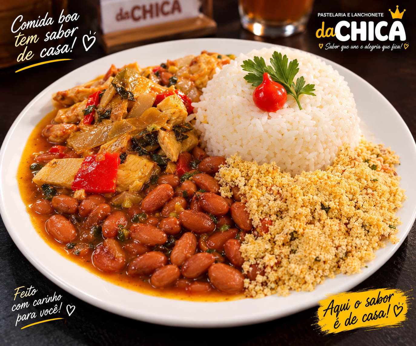 Prato caseiro da Chica com arroz, feijão e farofa