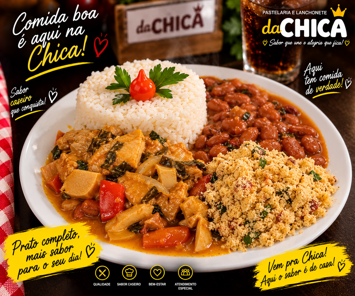 Prato completo com arroz, feijão e farofa
